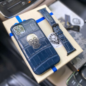 Чехол iPhone и ремешок Apple Watch кожа крокодила синий