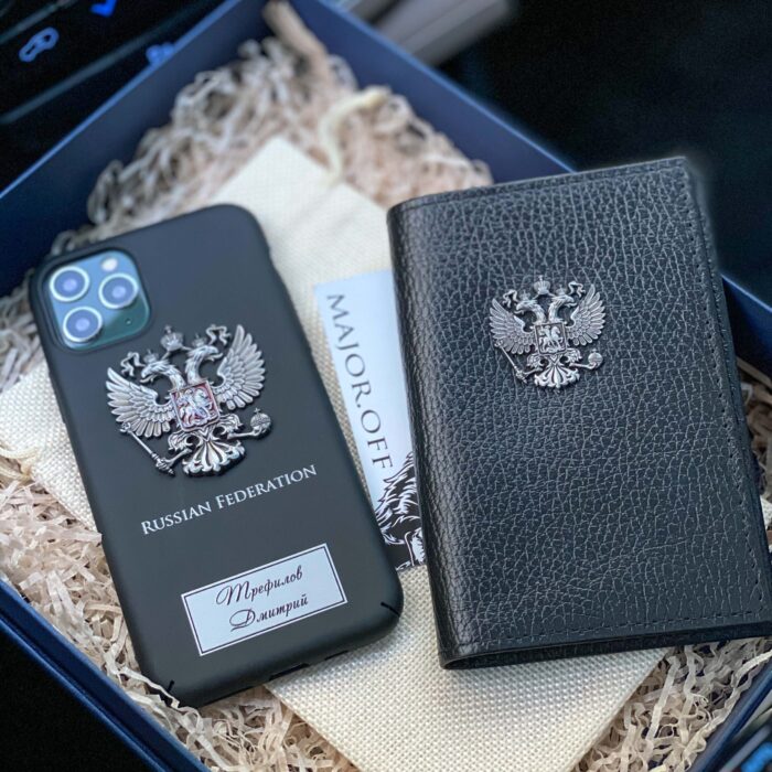 Именной чехол и обложка на паспорт герб России