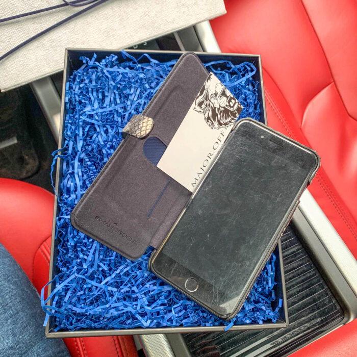 Чехол-книжка для iPhone в коже питона серый с инициалами