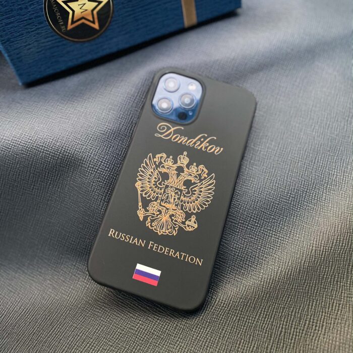 Чехол для iPhone с принтом Герб России и фамилией