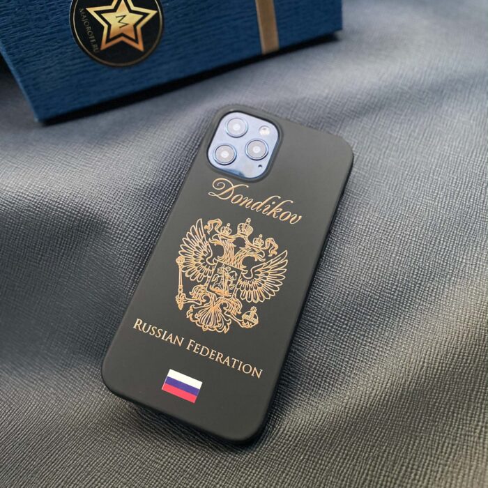 Чехол для iPhone с принтом Герб России и фамилией