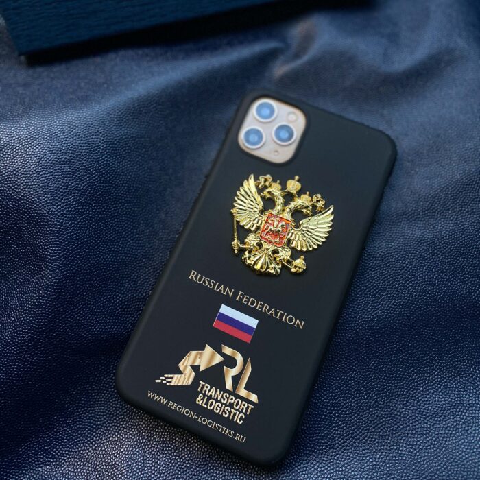 Чехол для iPhone с гербом РФ и логотипом черный