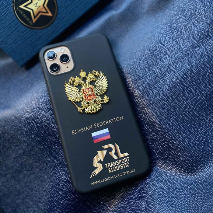Чехол для iPhone с гербом РФ и логотипом черный