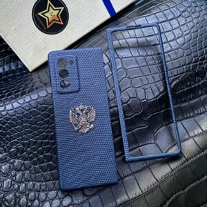 Чехол для Samsung Fold из кожи игуаны синий с гербом России