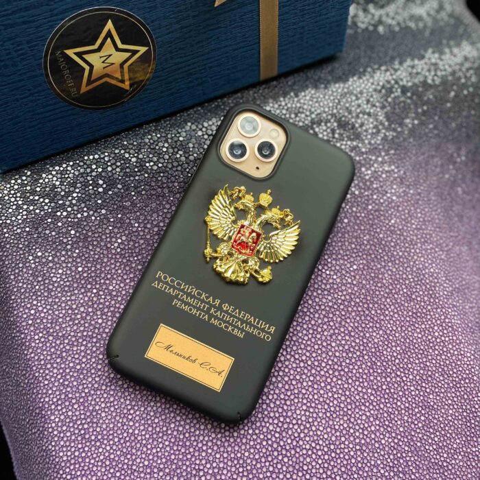 Чехол для iPhone с гербом РФ и надписью черный