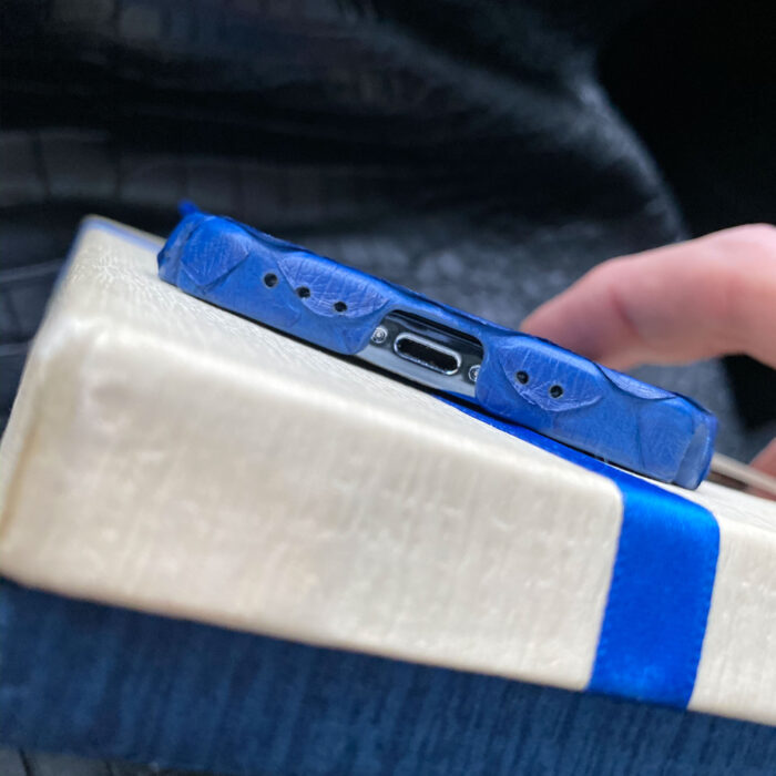 Чехол для iPhone из кожи питона синий с инициалами