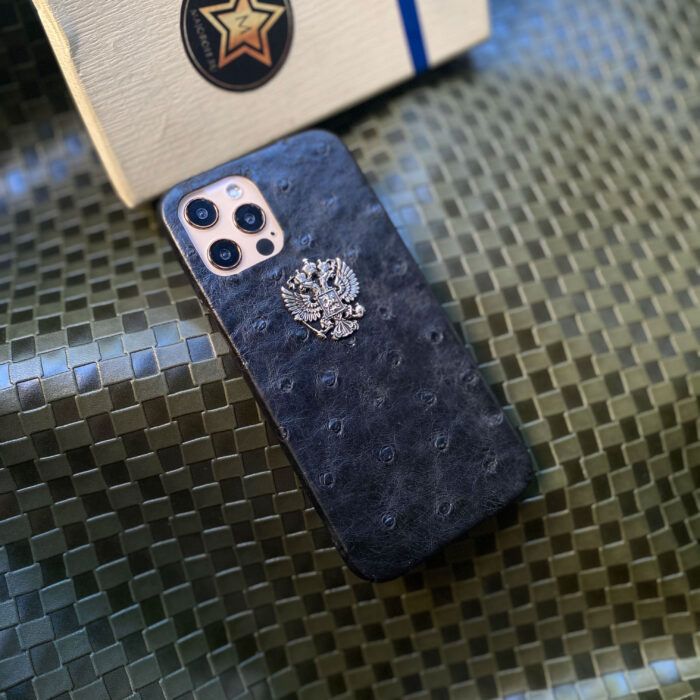 Чехол для iPhone из кожи страуса темно-синий с гербом России
