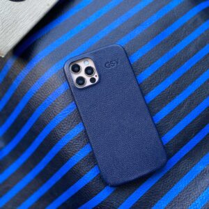 Чехол для iPhone кожаный синий с инициалами