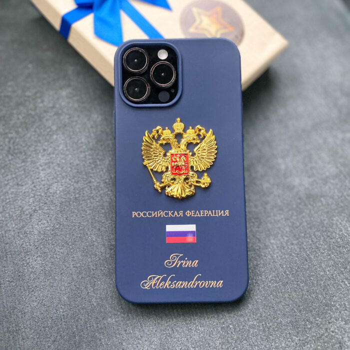 Чехол для iPhone синий с гербом России именной