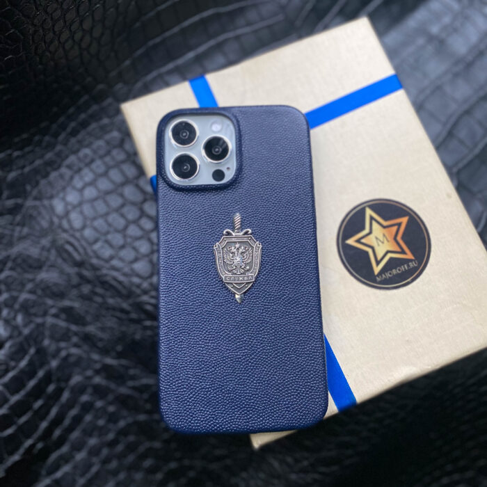 Чехол для iPhone кожаный синий с гербом ФСБ