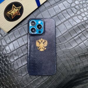Чехол для iPhone из игуаны синий с гербом России