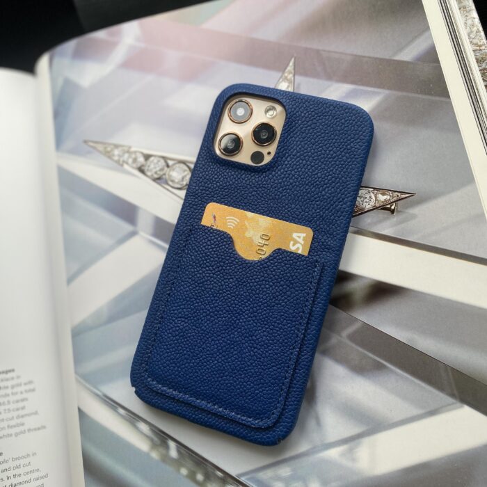 Чехол для iPhone из кожи синий с карманом для карты