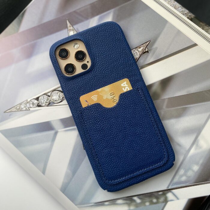 Чехол для iPhone из кожи синий с карманом для карты