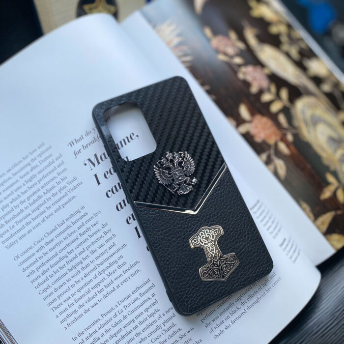 Чехол для Samsung из карбона и кожи с гербом России и логотипом