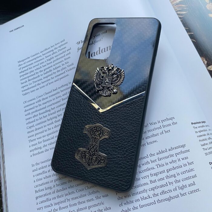Чехол для Samsung из карбона и кожи с гербом России и логотипом