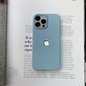 Чехол для iPhone 14 Pro Max кожаный голубой с яблочком