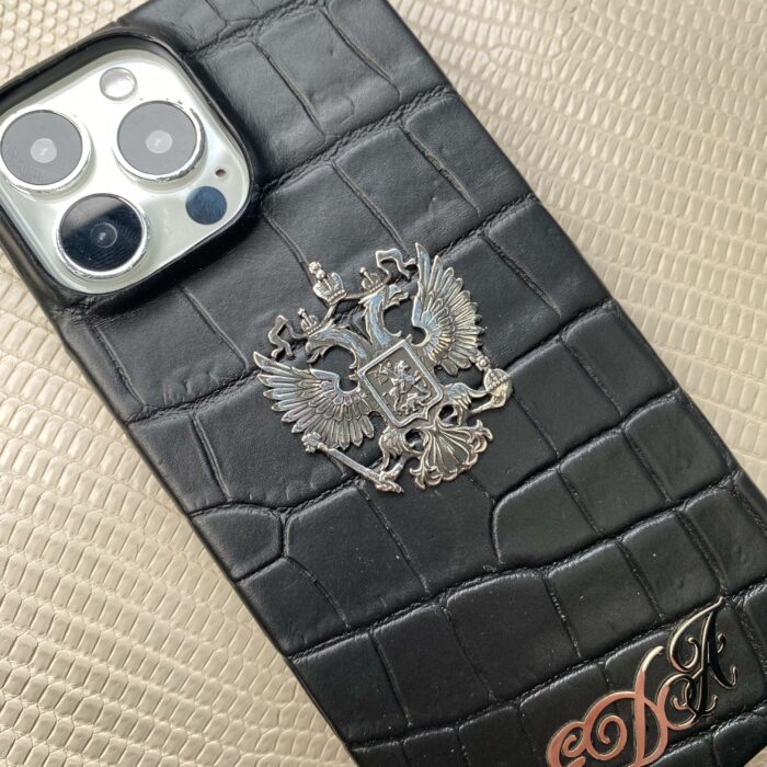 Чехол для iPhone кожаный черный с гербом именной